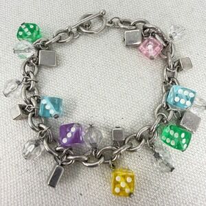 Vintage Colorful Dice Charm Bracelet Silver Tone Toggle Clasp Kitsch Jewelry